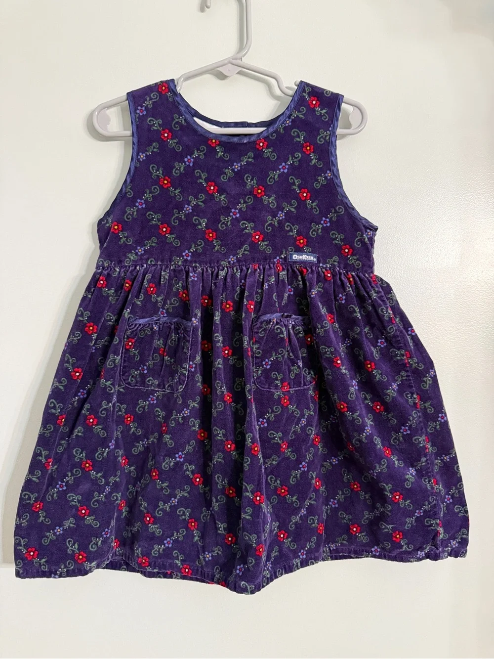 Vintage OshKosh B'gosh 4T Purple Floral Corduroy Sleeveless Jumper Dress Pockets